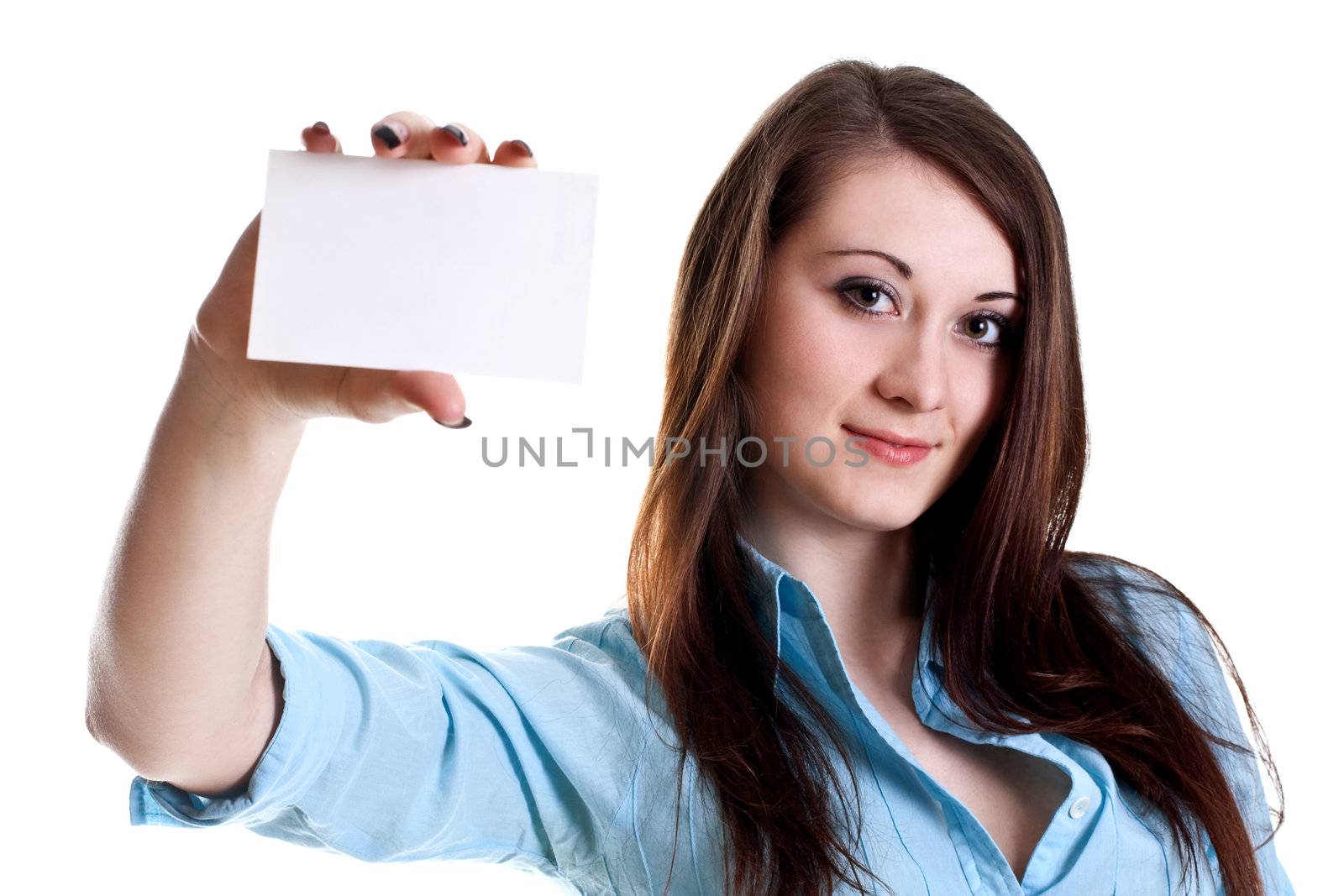 young business woman with business card on a white background