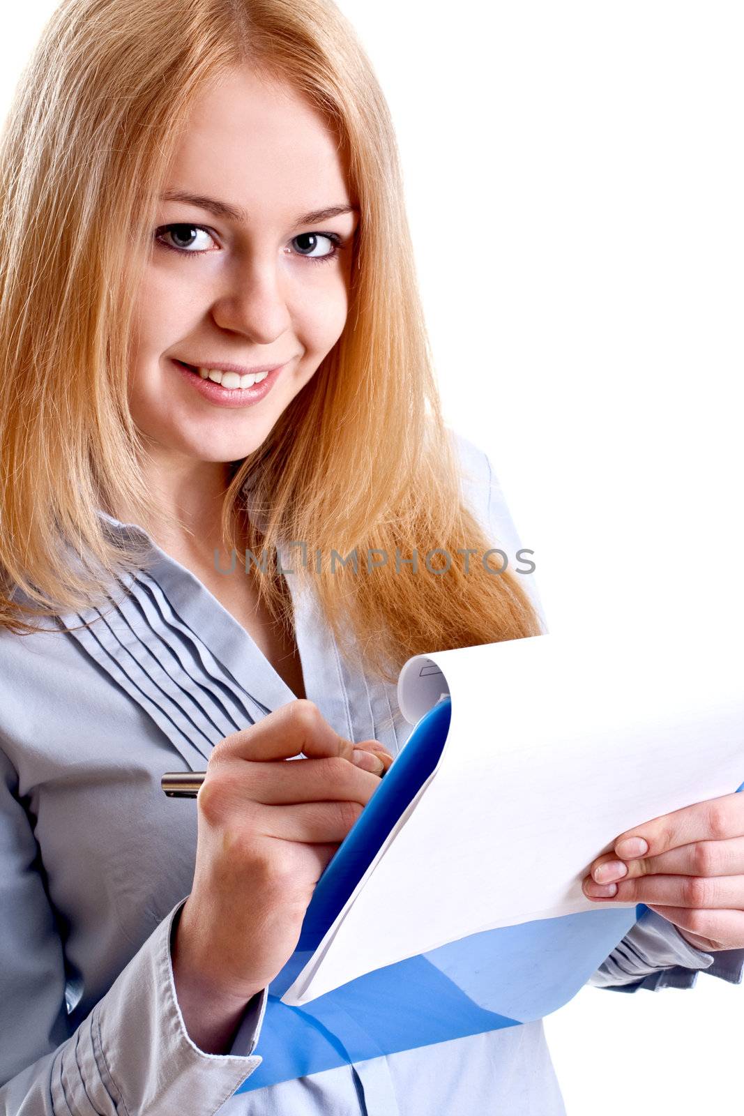 business woman in a suit with clipboard on a white background