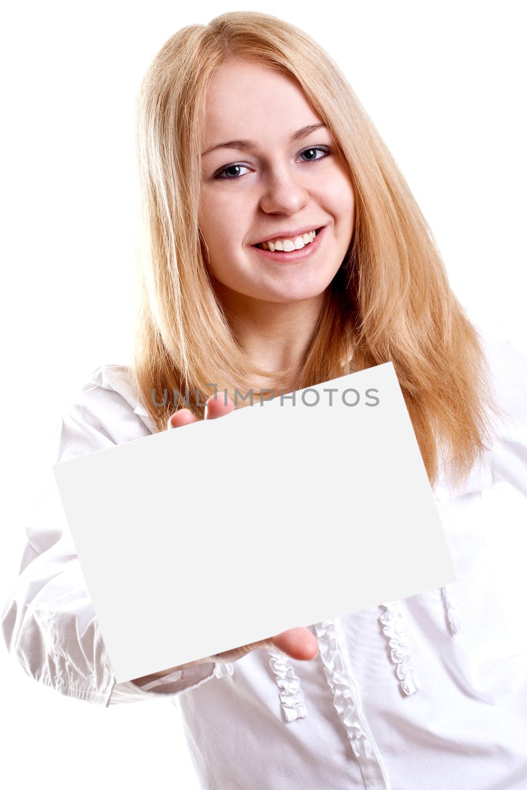 young business woman with business card on a white background