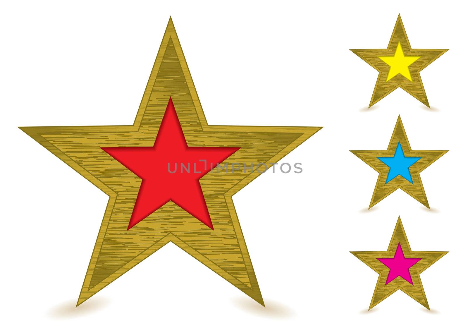 Collection of brushed metal gold star awards with coloured centers