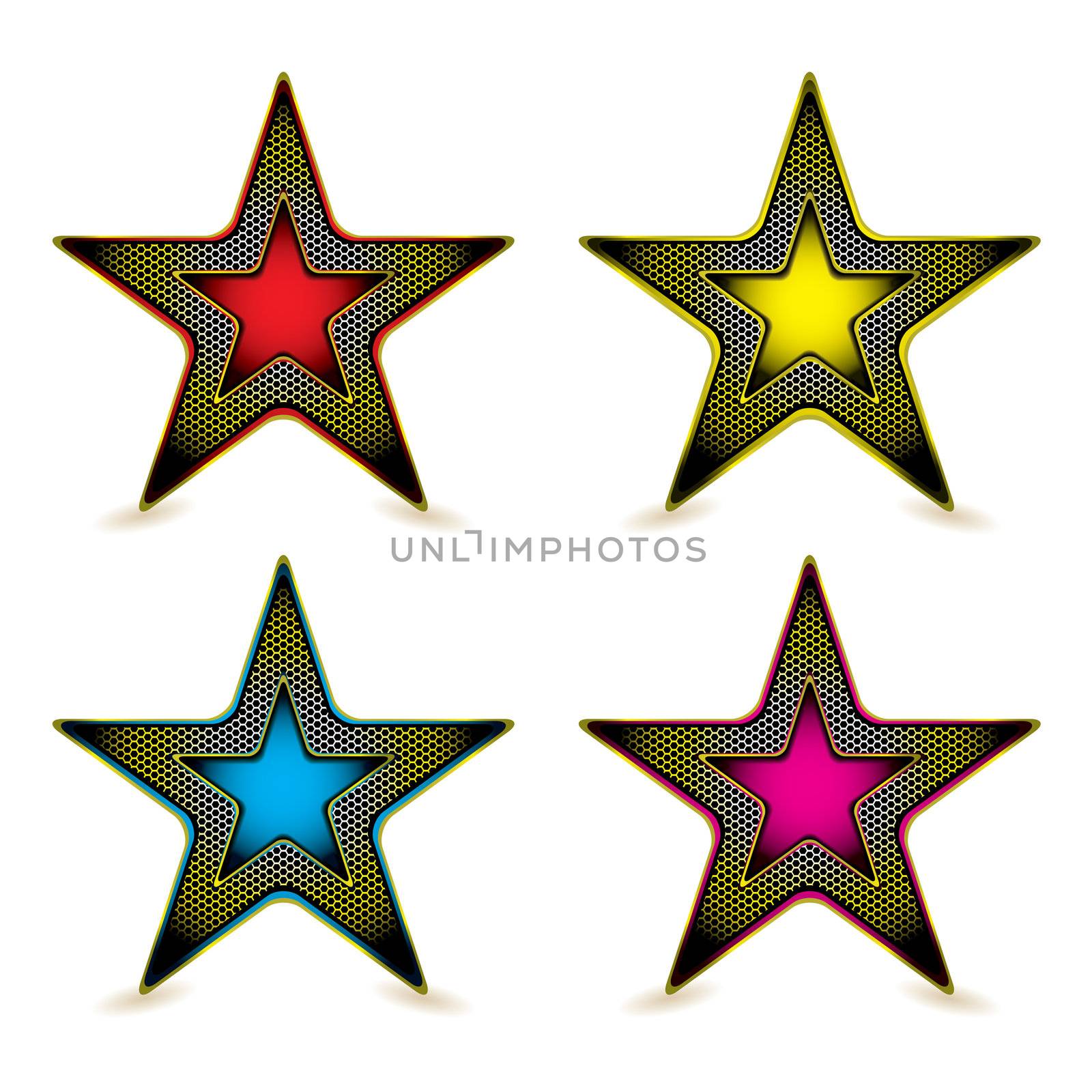 Collection of four gold metal star icons with colourful inserts