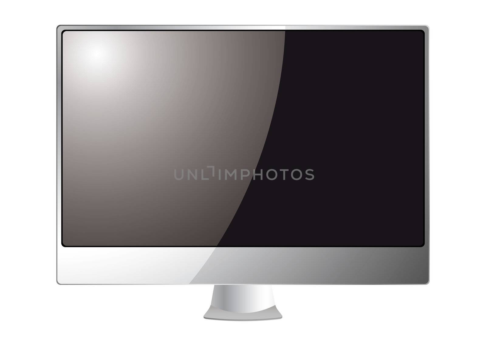 Silver computer monitor screen with silver stand and light reflection