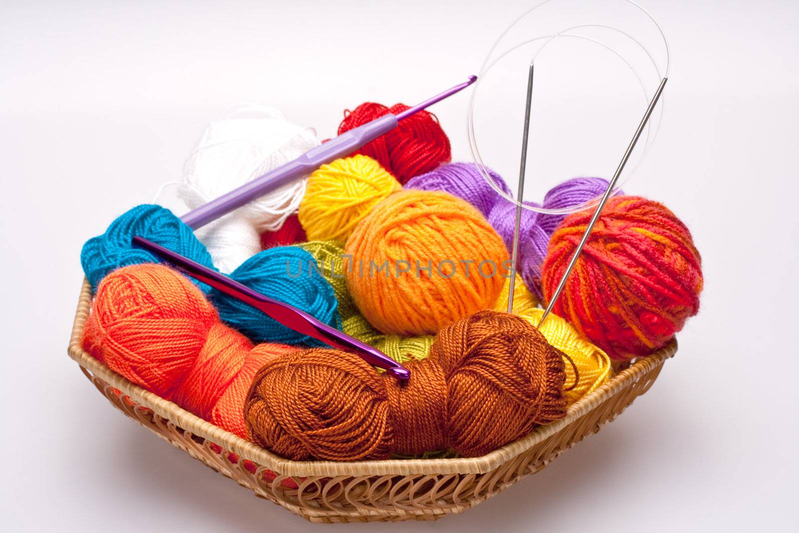 basket with thread and balls for knitting as a background