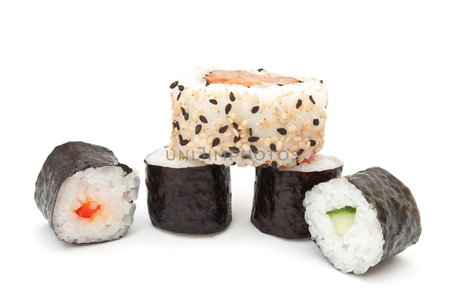 Several portions of fresh Maki arranged over white