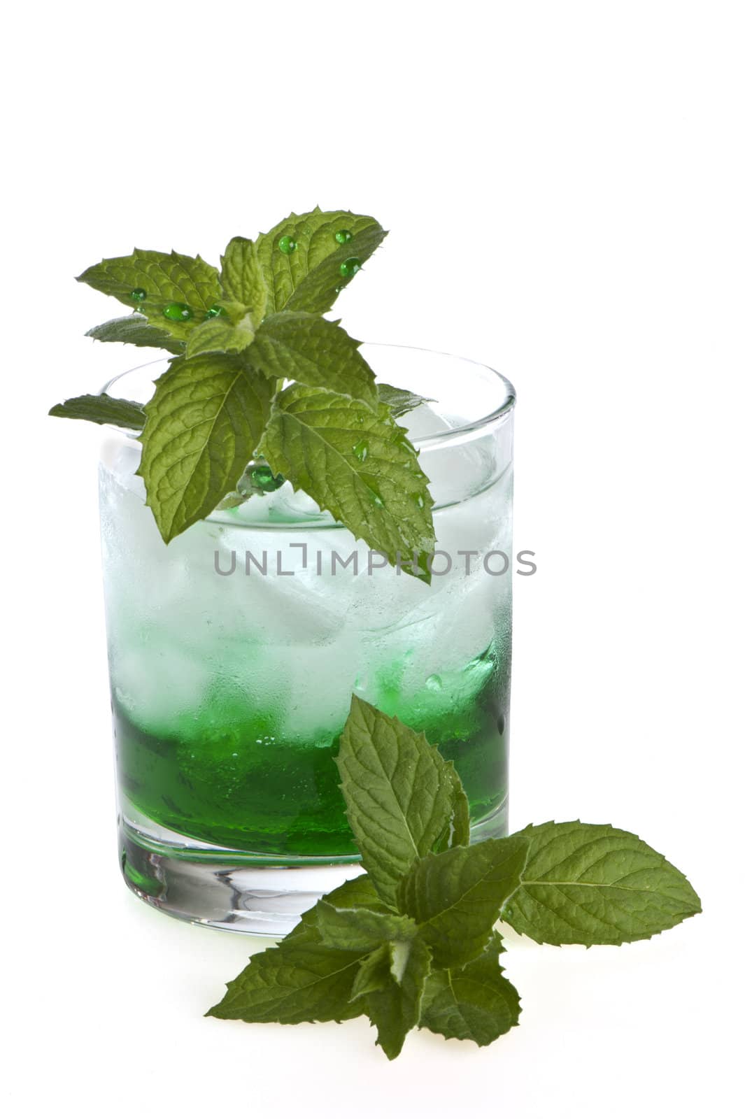 water with mint and ice on white background