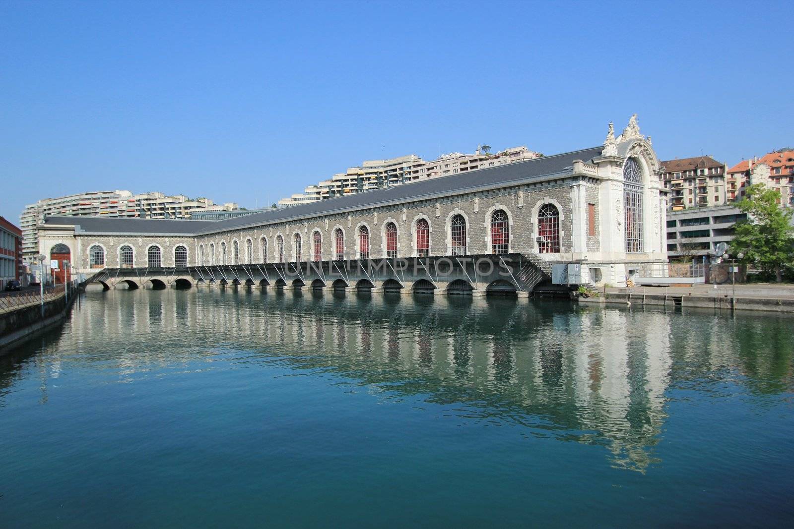 Famous batiment des Forces-Motrices on the Rhone river, Geneva, Switzerland