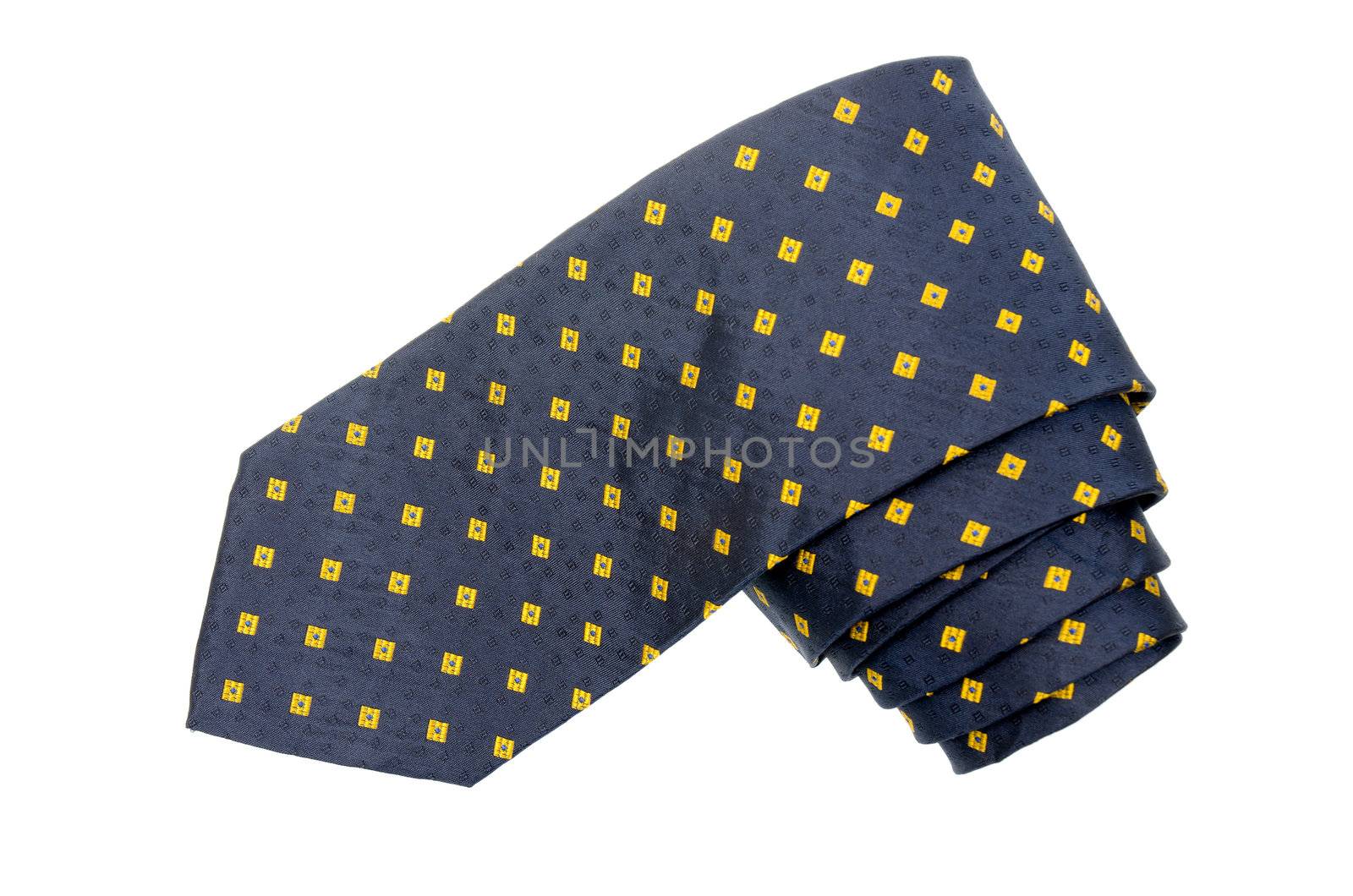 Yellow diamond pattern shappes blue tie isolated on white background.