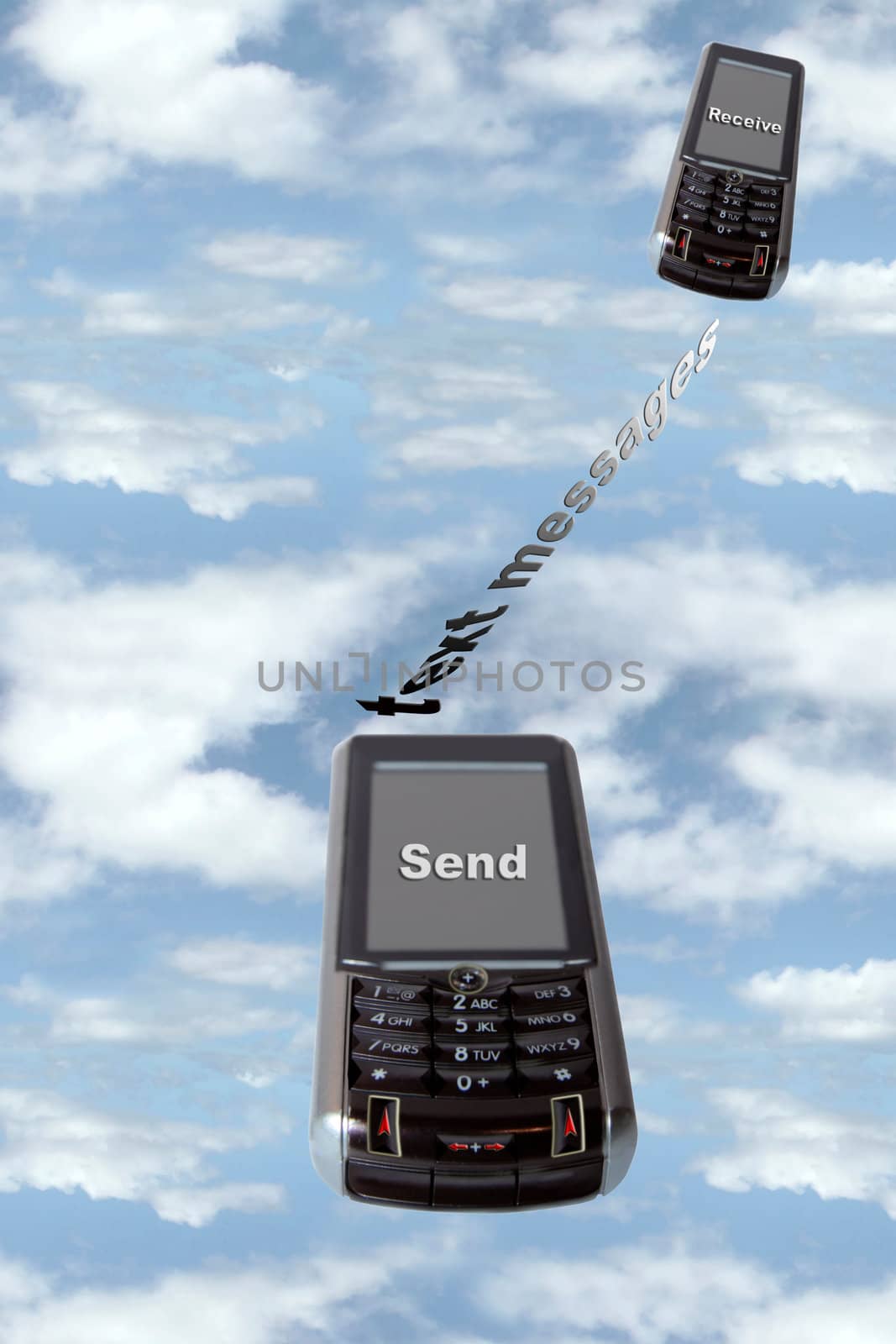 two cellphones against a coudy sky symbolizing the sending of messages to each other with a clipping path