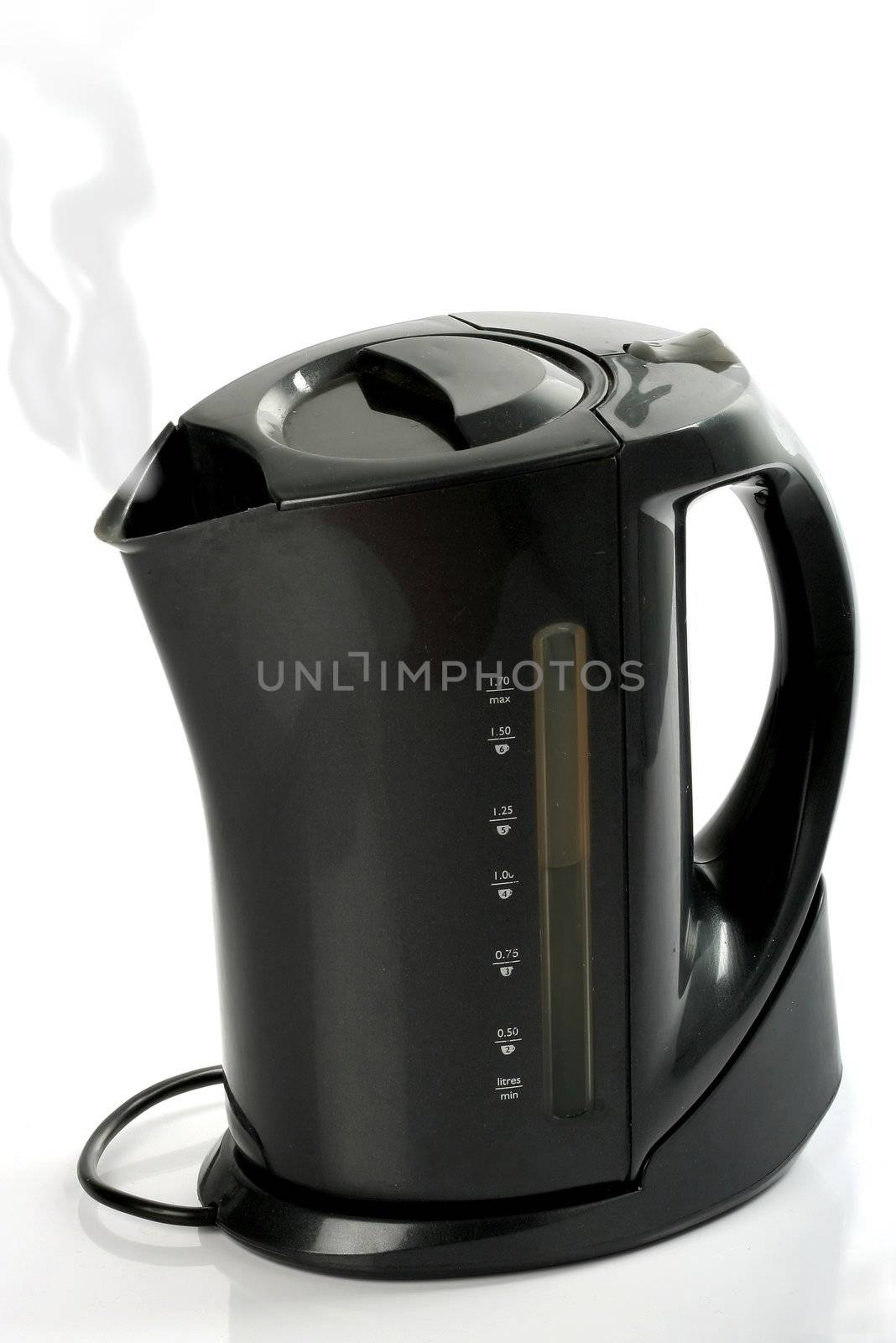Black electric kettle with steam coming out of the spout