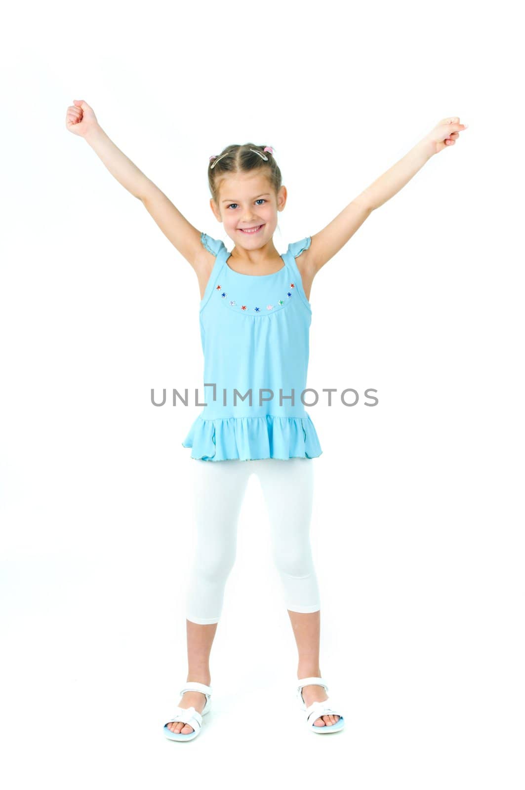 photo of cute little girl in colored clothes on white background by maxoliki