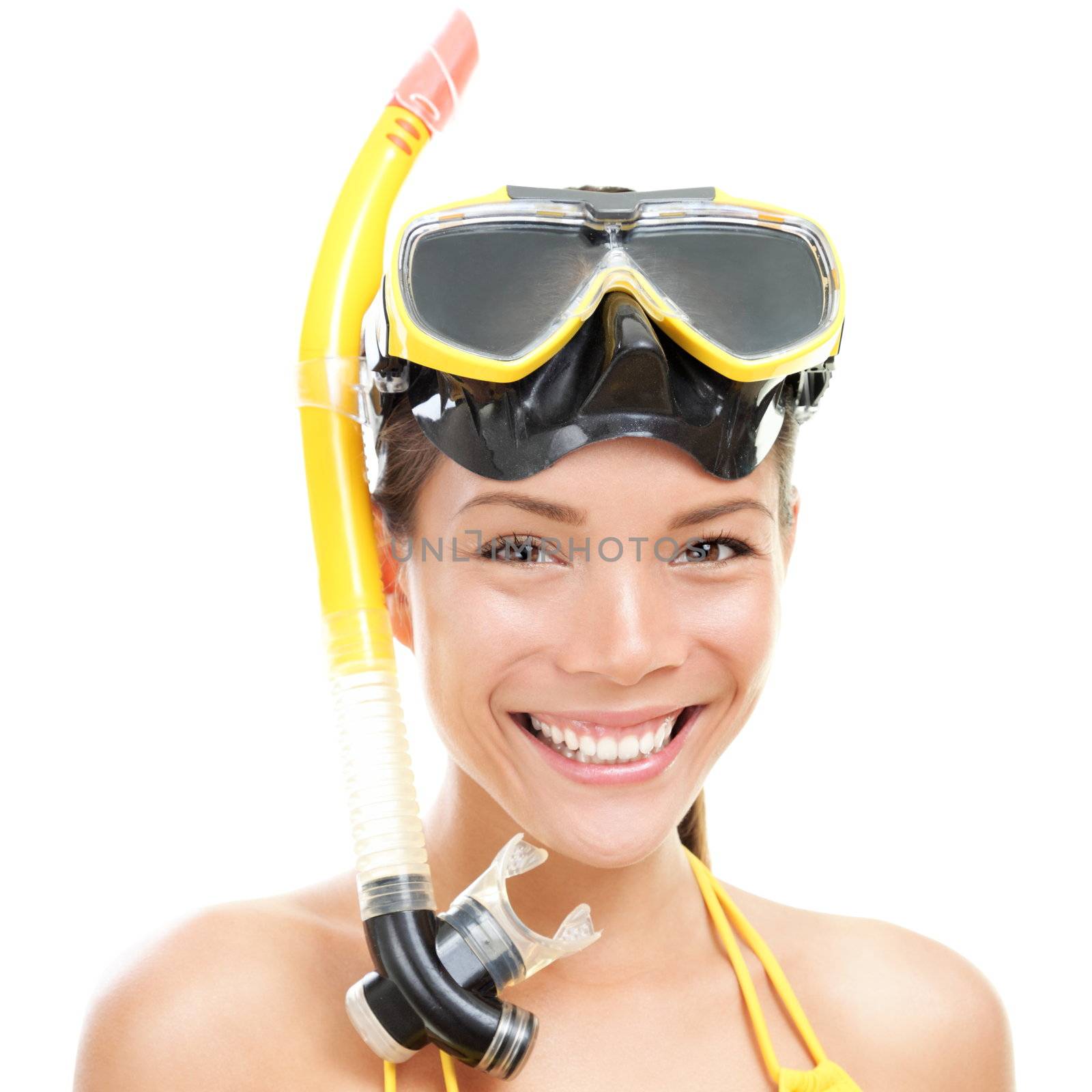 Woman with goggles and snorkel. Snorkeling, swimming, vacation concept isolated on white background. Chinese Asian / Caucasian female model