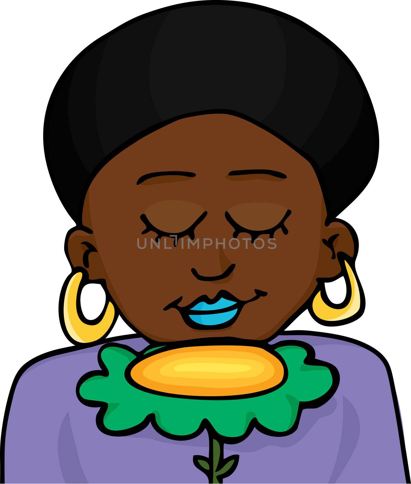 Beautiful Black-skinned woman with natural afro hairdo smells a big yellow flower