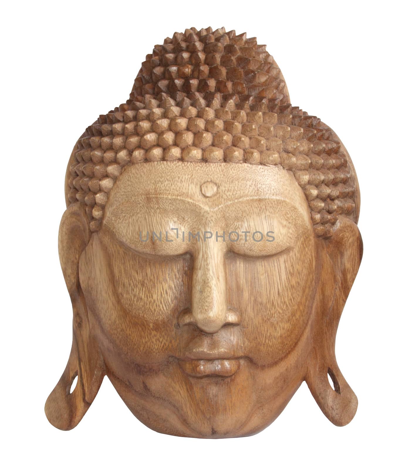 Wooden mask buddha from island Bali on a white background