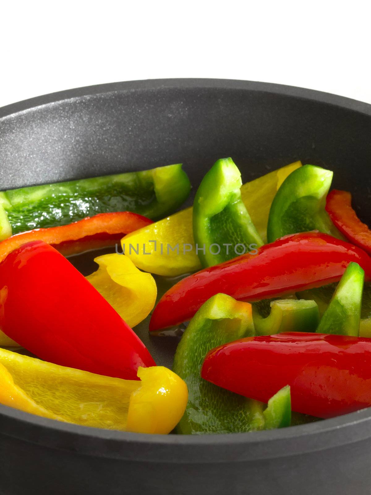 close up of bell peppers in frying pan