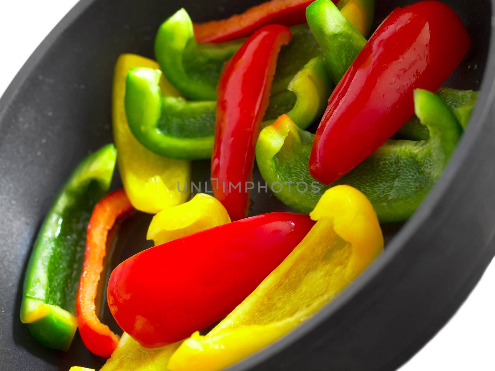 close up of bell peppers in frying pan