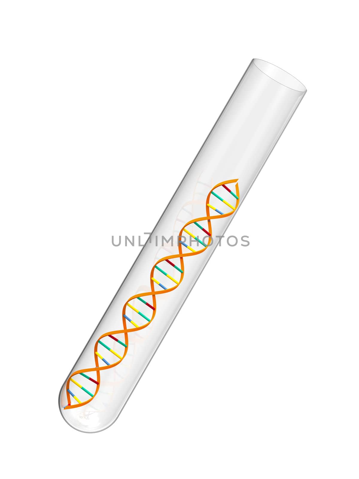 Render of DNA in a test tube isolated on white background