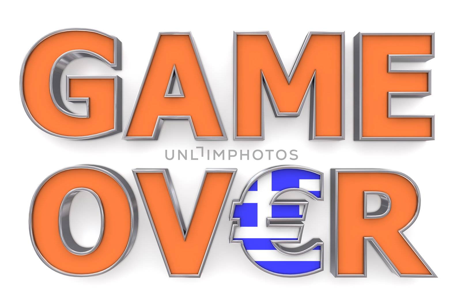 words GAME OVER with orange front and metallic outline - letter E is replace by an Euro symbol with a greek flag on it