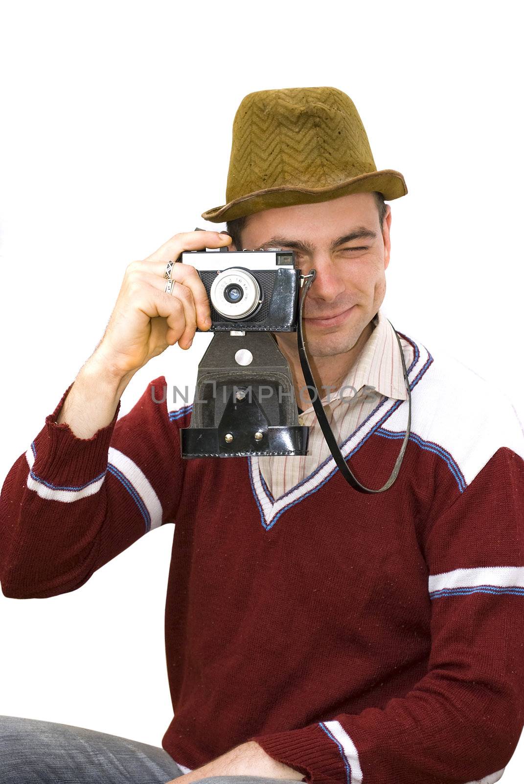 vintage photographer taking pictures isolated on white