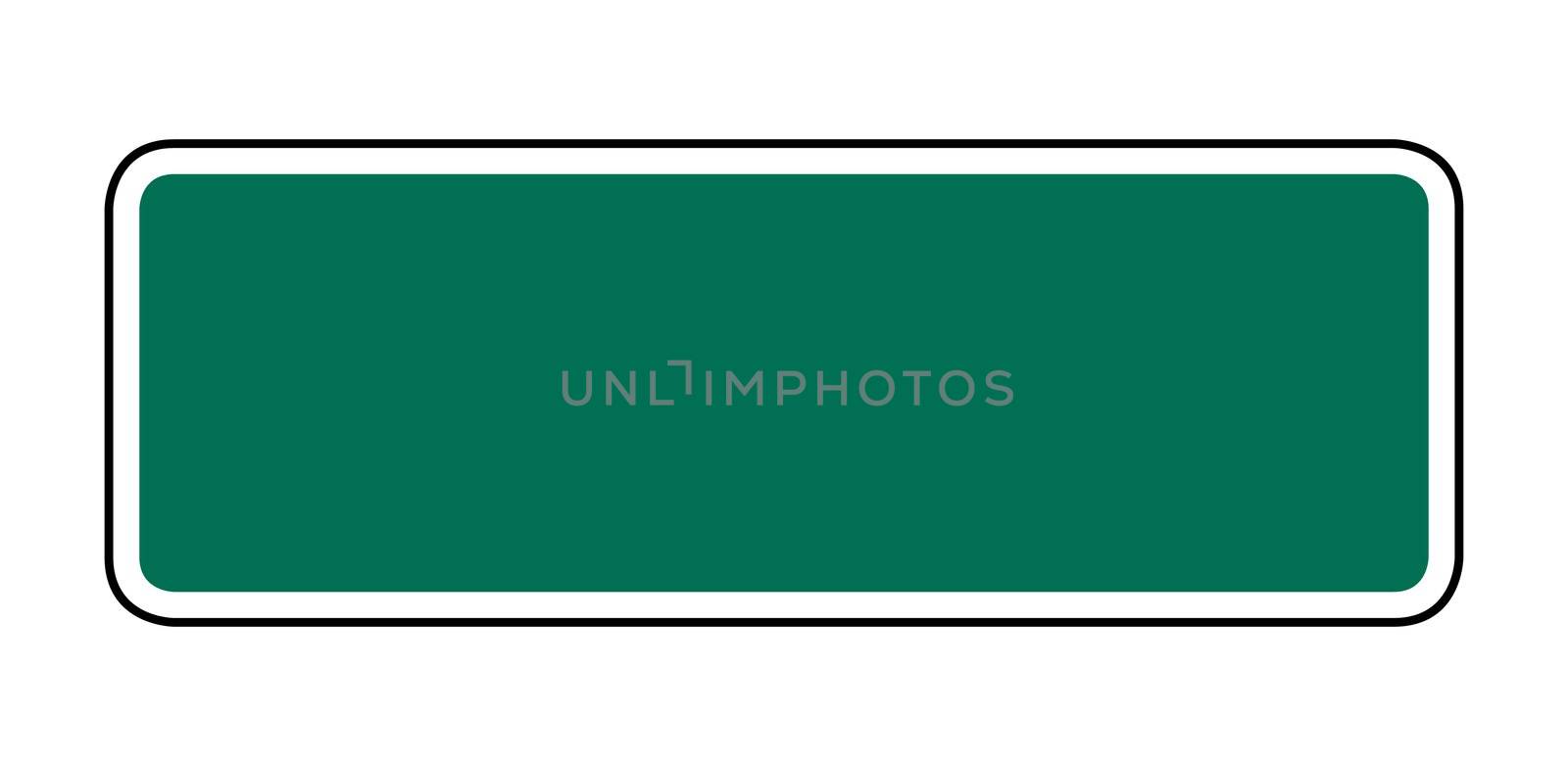 Blank green American style street or road sign with copy space; isolated on white background.