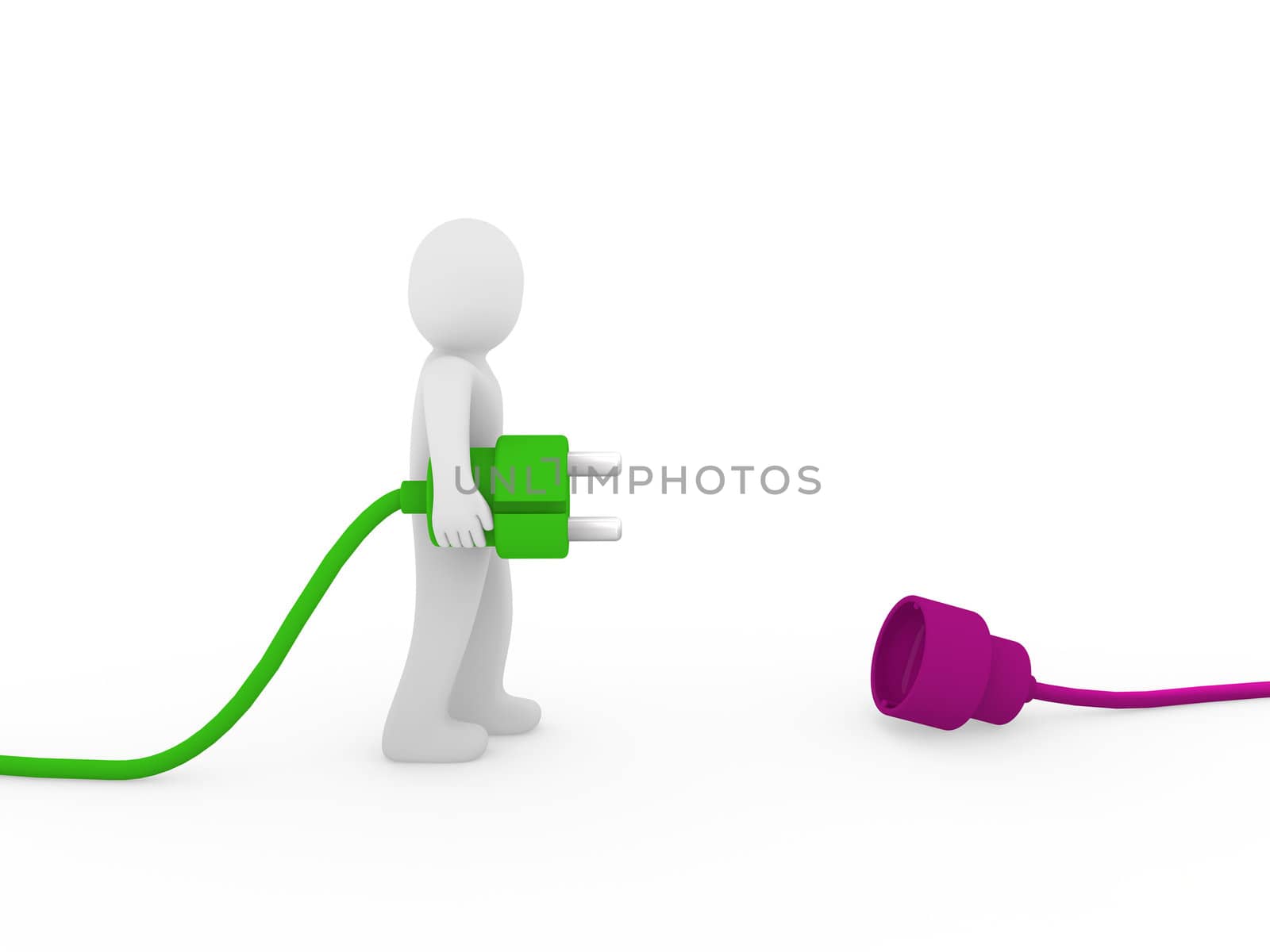 3d human man plug green purple cable socket