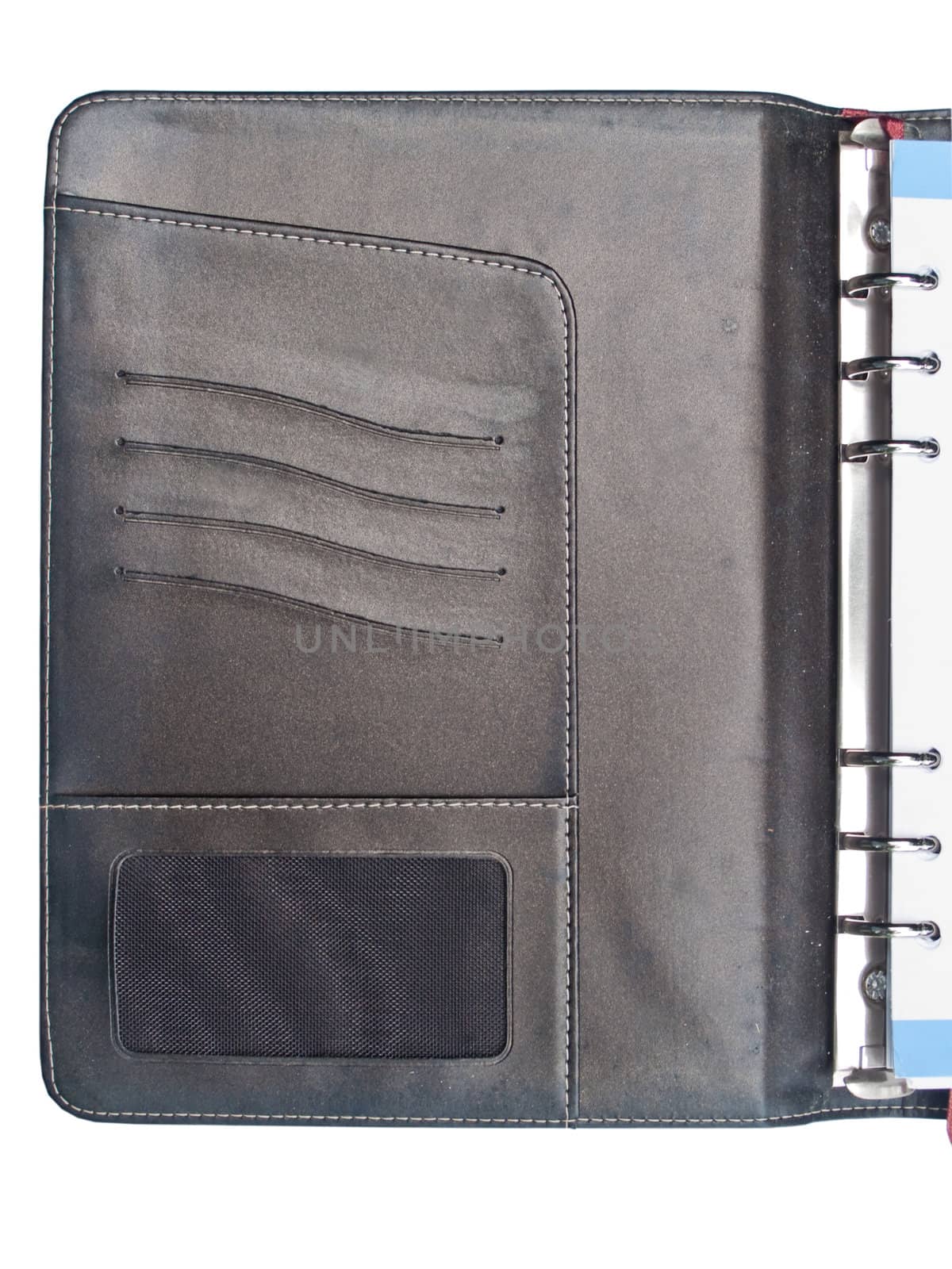Inside cover of leather organizer with name card holder