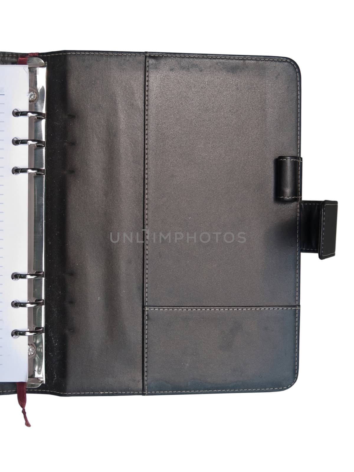 Inside cover of leather organizer with penholder