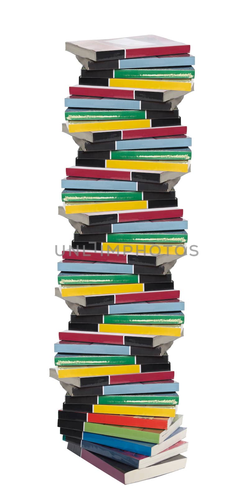 Isolated twisted tower of colorful real books