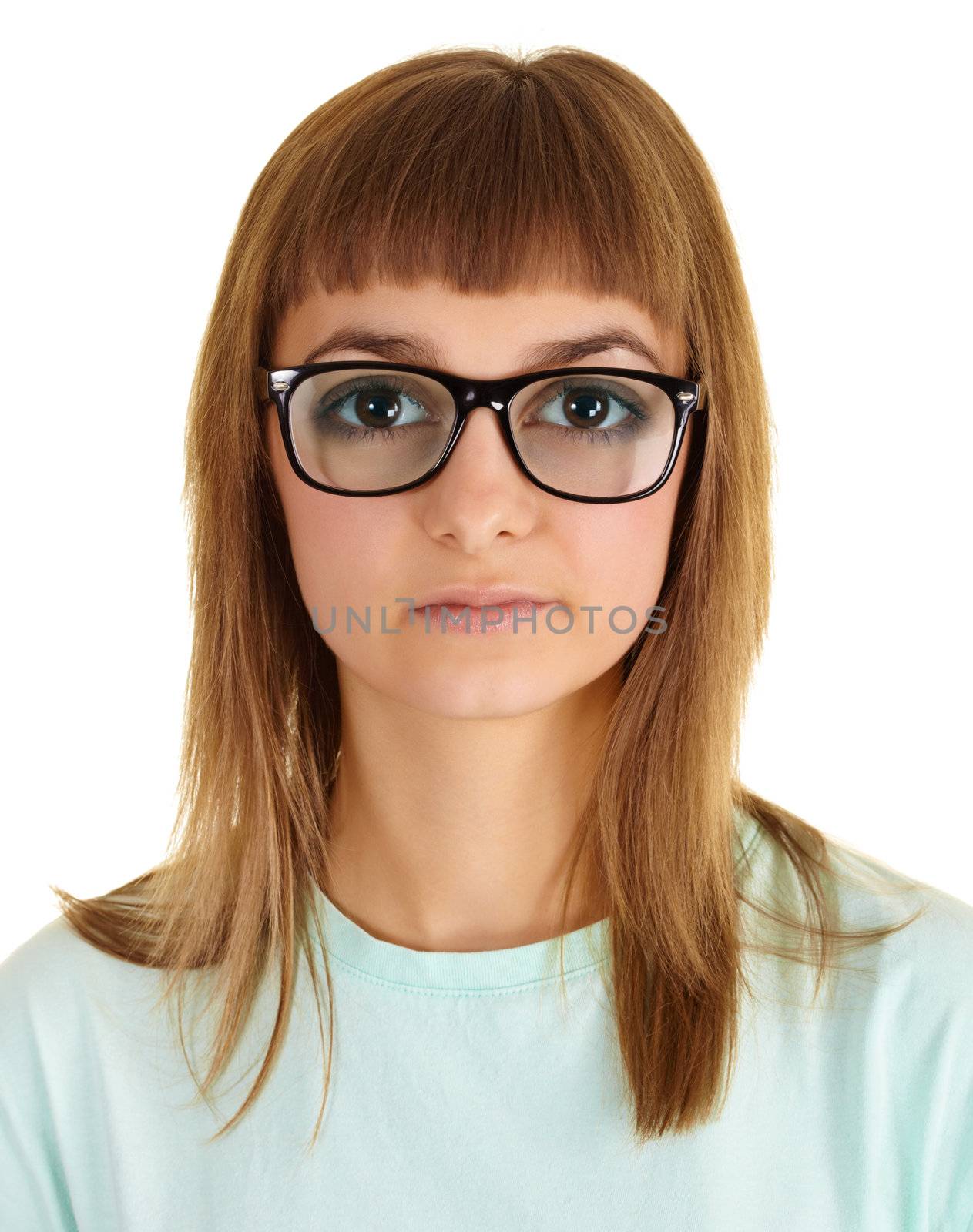 Funny girl - a teenager in very strong glasses