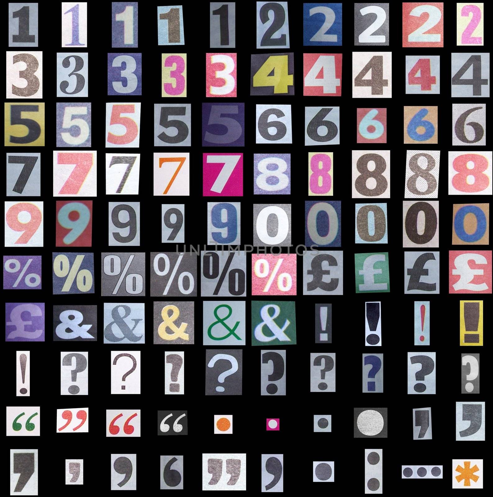 Newspaper symbols and numbers over a black background
