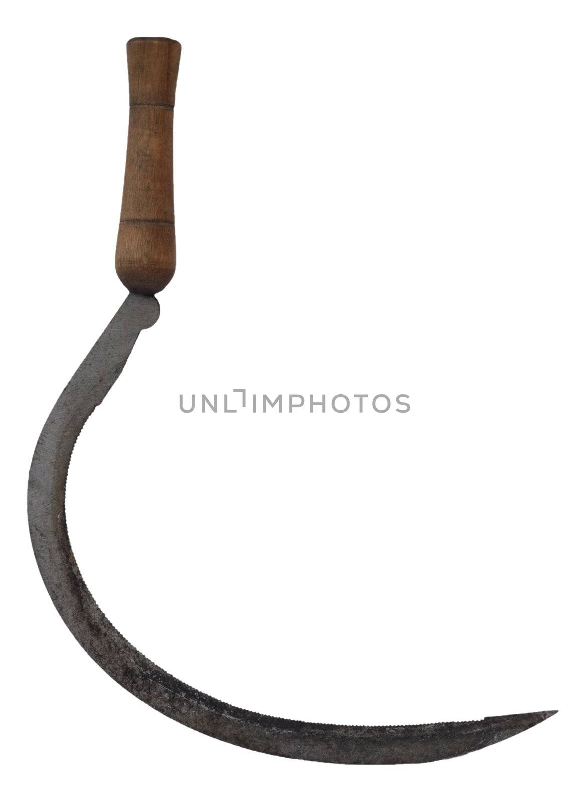 Old sickle, isolated on white tool. Made in the USSR