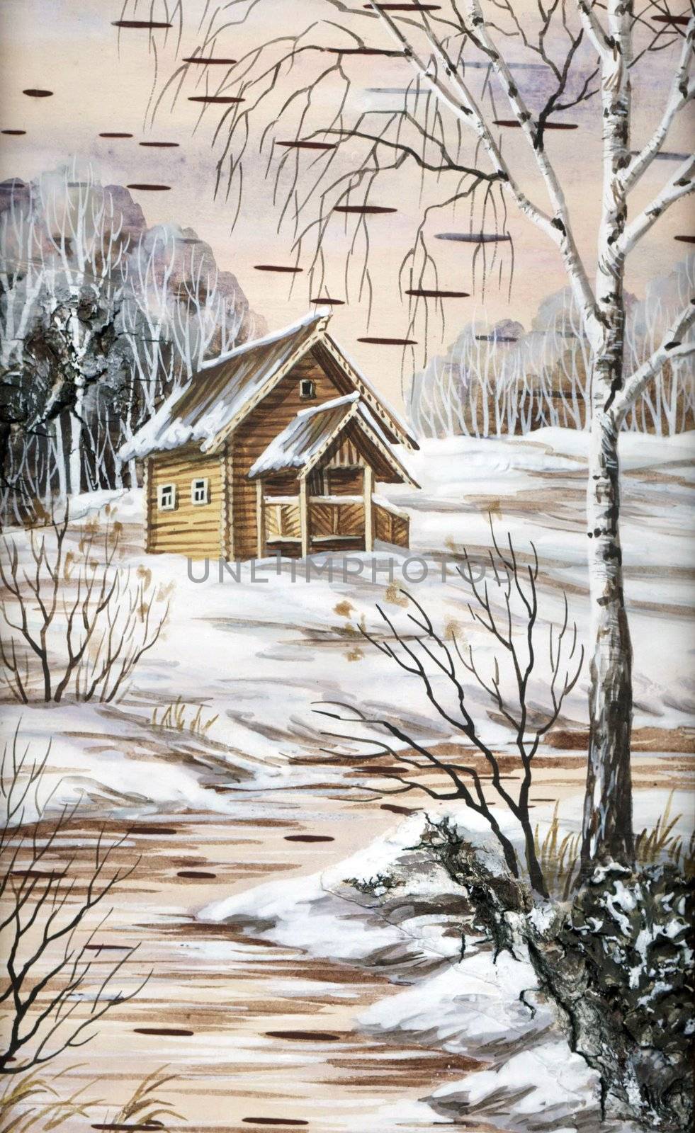Landscape, house in forest. Drawing distemper on a birch bark