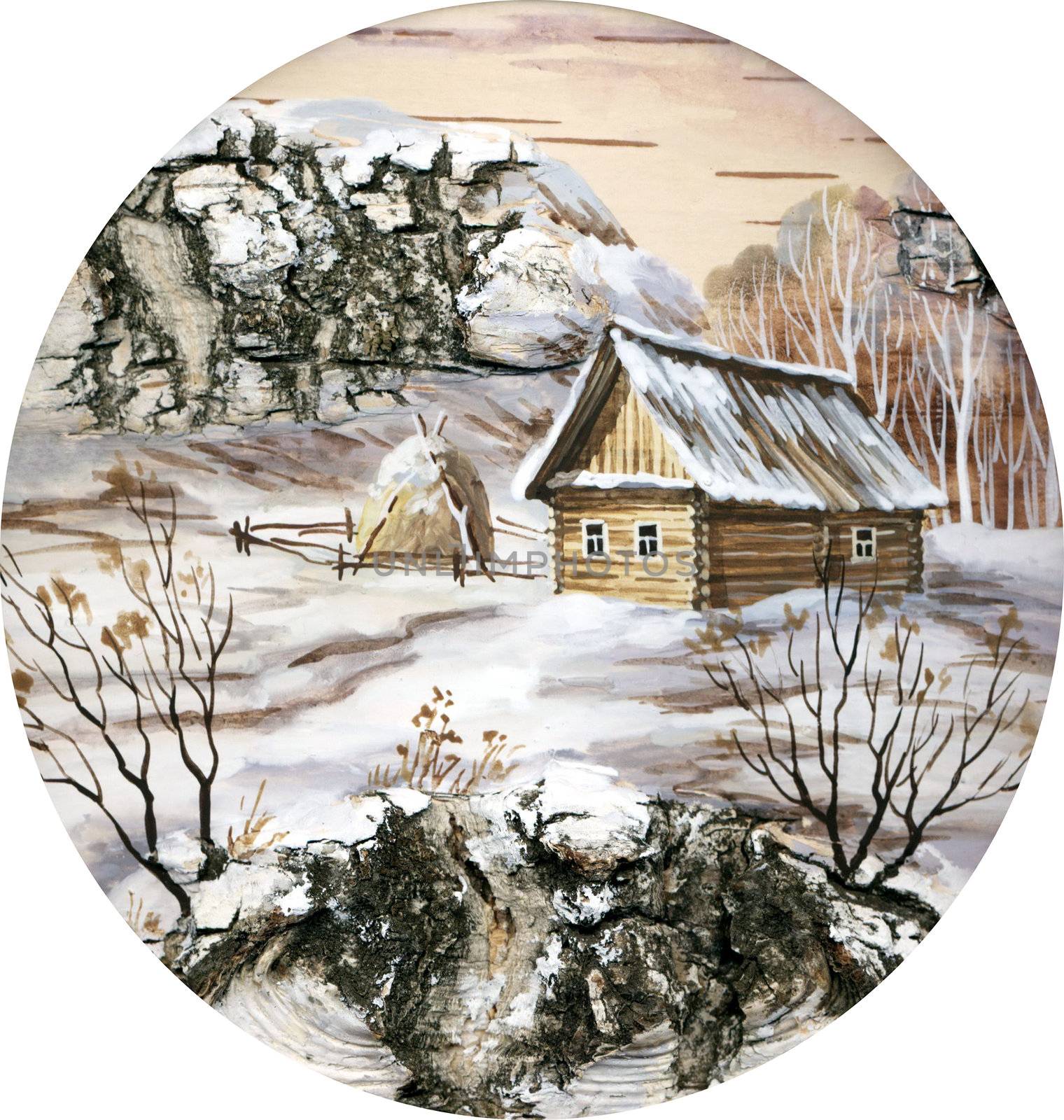 Drawing distemper on a birch bark: small house in wood