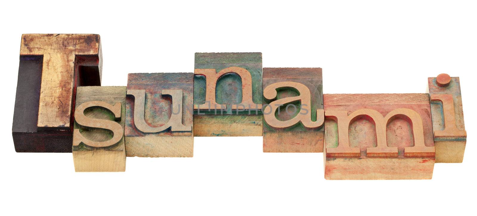 tsunami word in letterpress type by PixelsAway