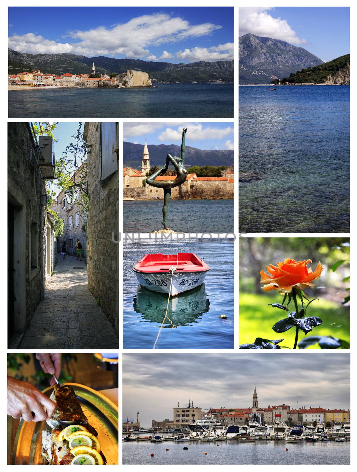 Collage from 6 photos city Budva. Montenegro