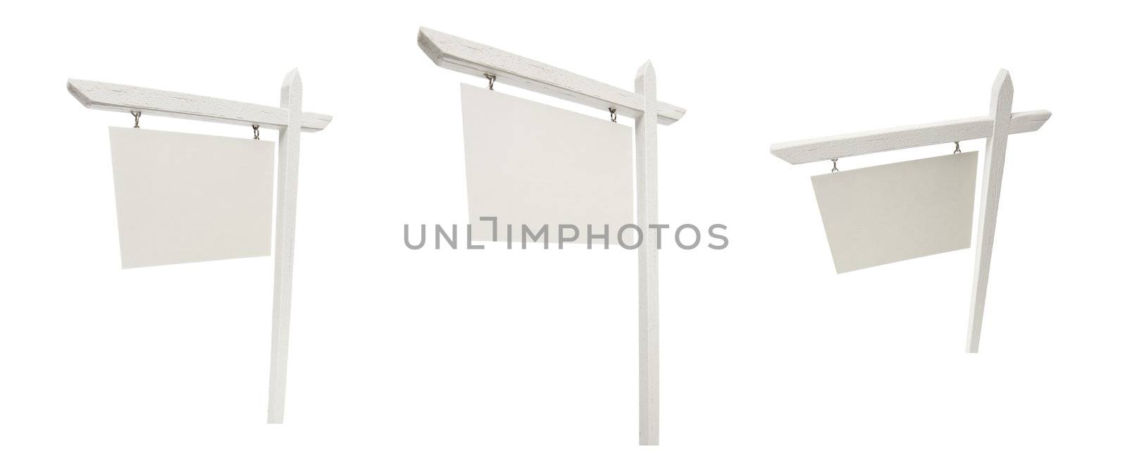 Set of 3 Different Angled Blank Real Estate Signs with Clipping Path Isolated on White.