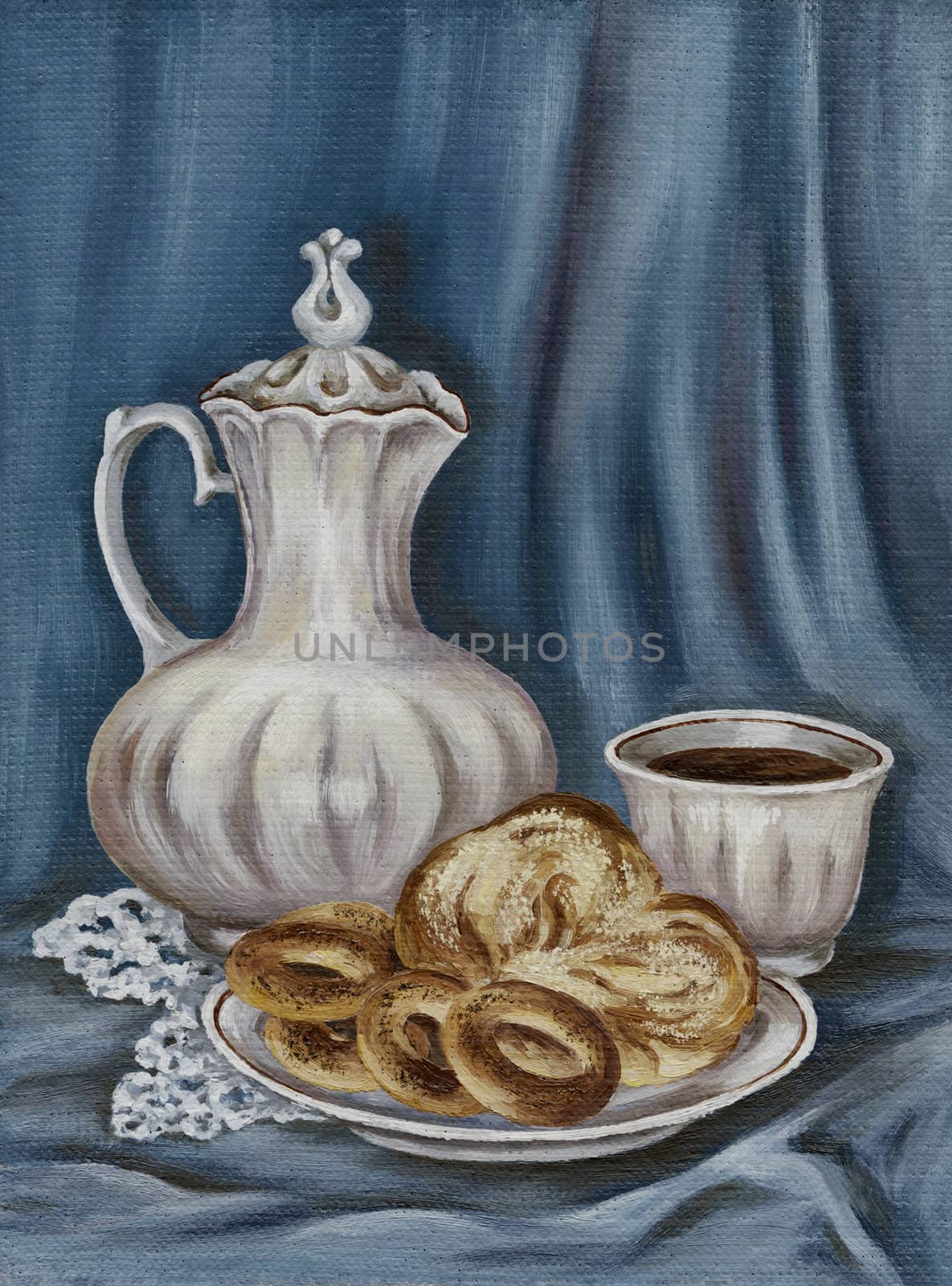 Picture oil paints on a canvas: white porcelain jug, bun and cup from coffee
