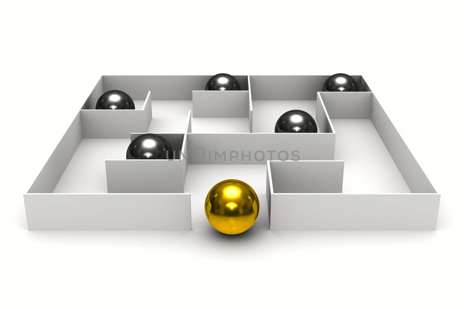 balls in labyrinth on white background. Isolated 3D image