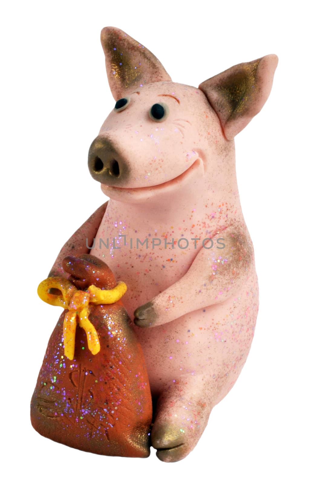 Handmade, toy from the salty test: a pig with a bag of money, a symbol of riches and Year of the Pig