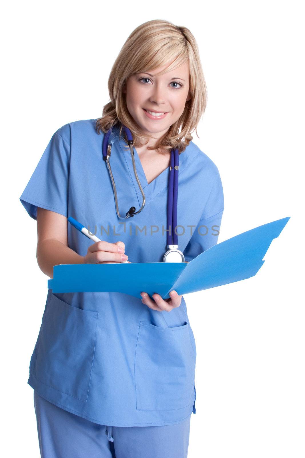 Isolated smiling nurse holding chart