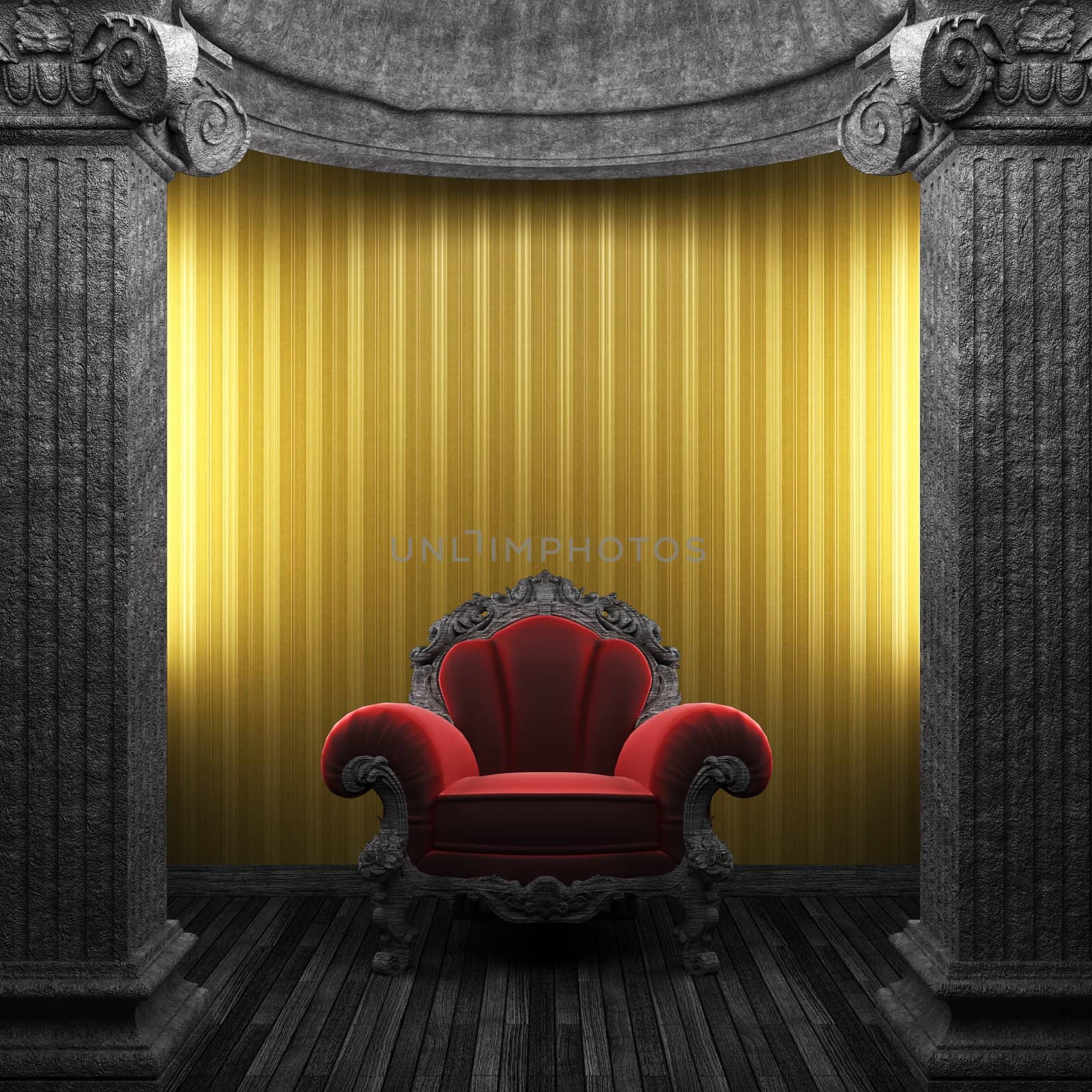 stone columns, chair and wallpaper made in 3D