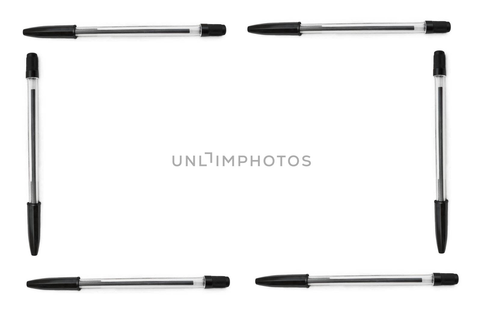 Four black biro pens arranged to form a border around a plain white background