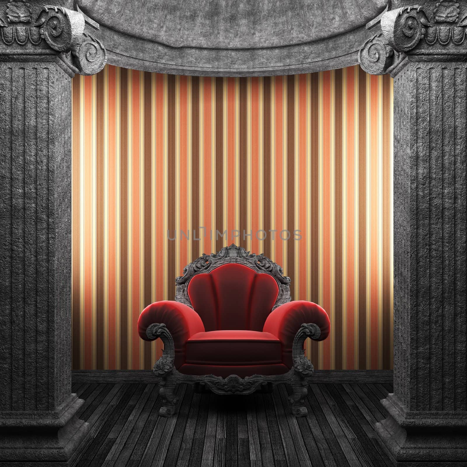 stone columns, chair and wallpaper made in 3D