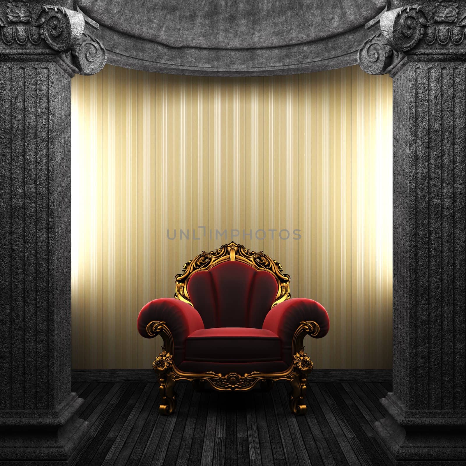 stone columns, chair and wallpaper made in 3D