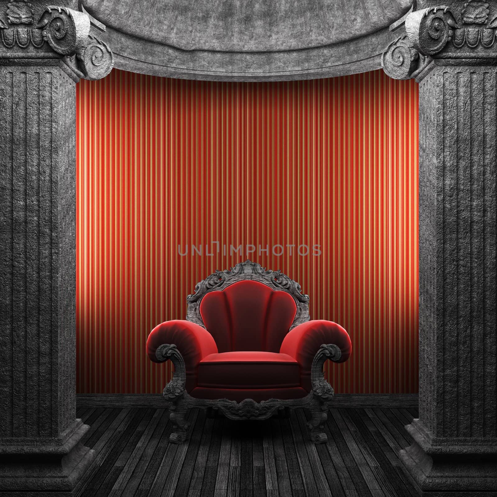 stone columns, chair and wallpaper made in 3D