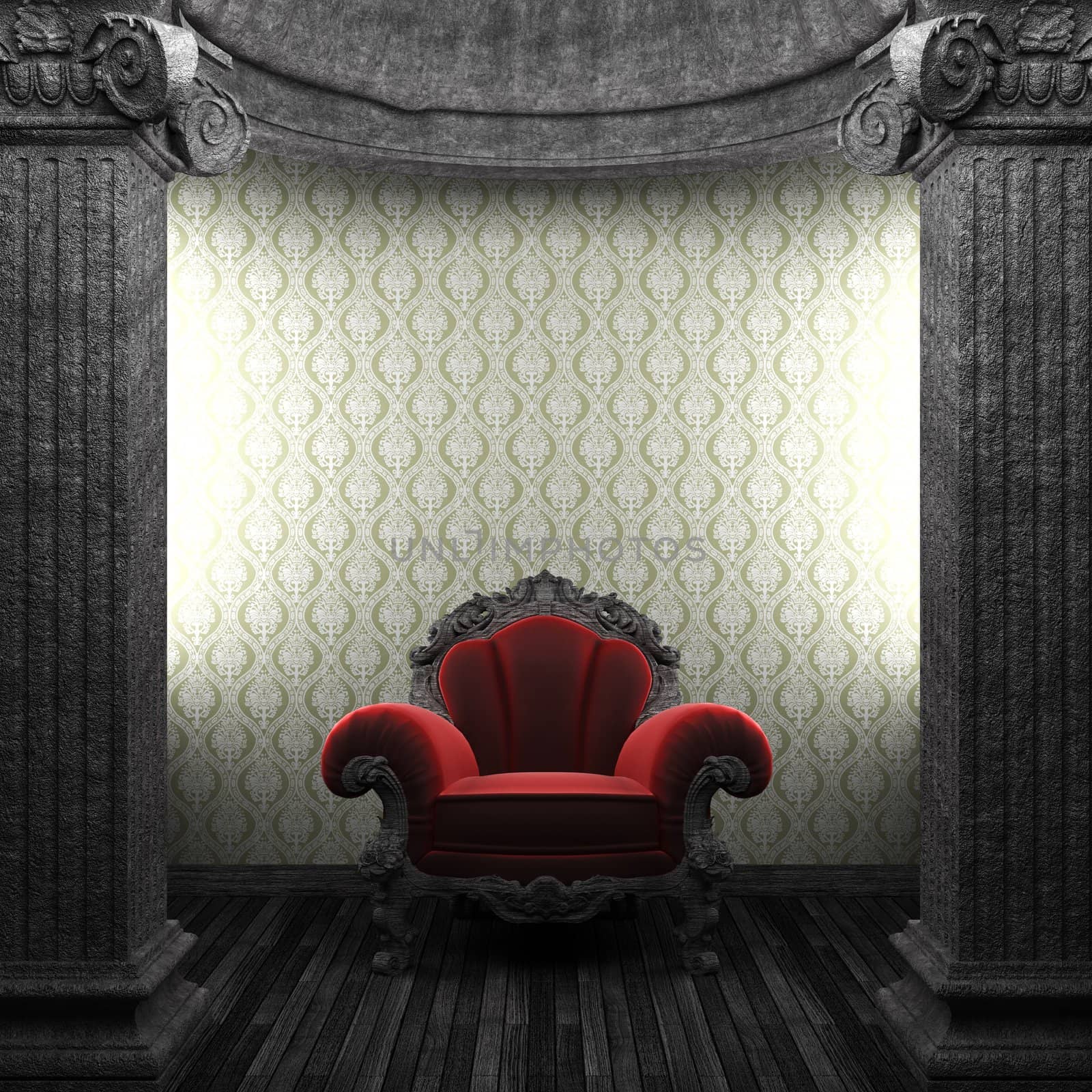 stone columns, chair and wallpaper made in 3D