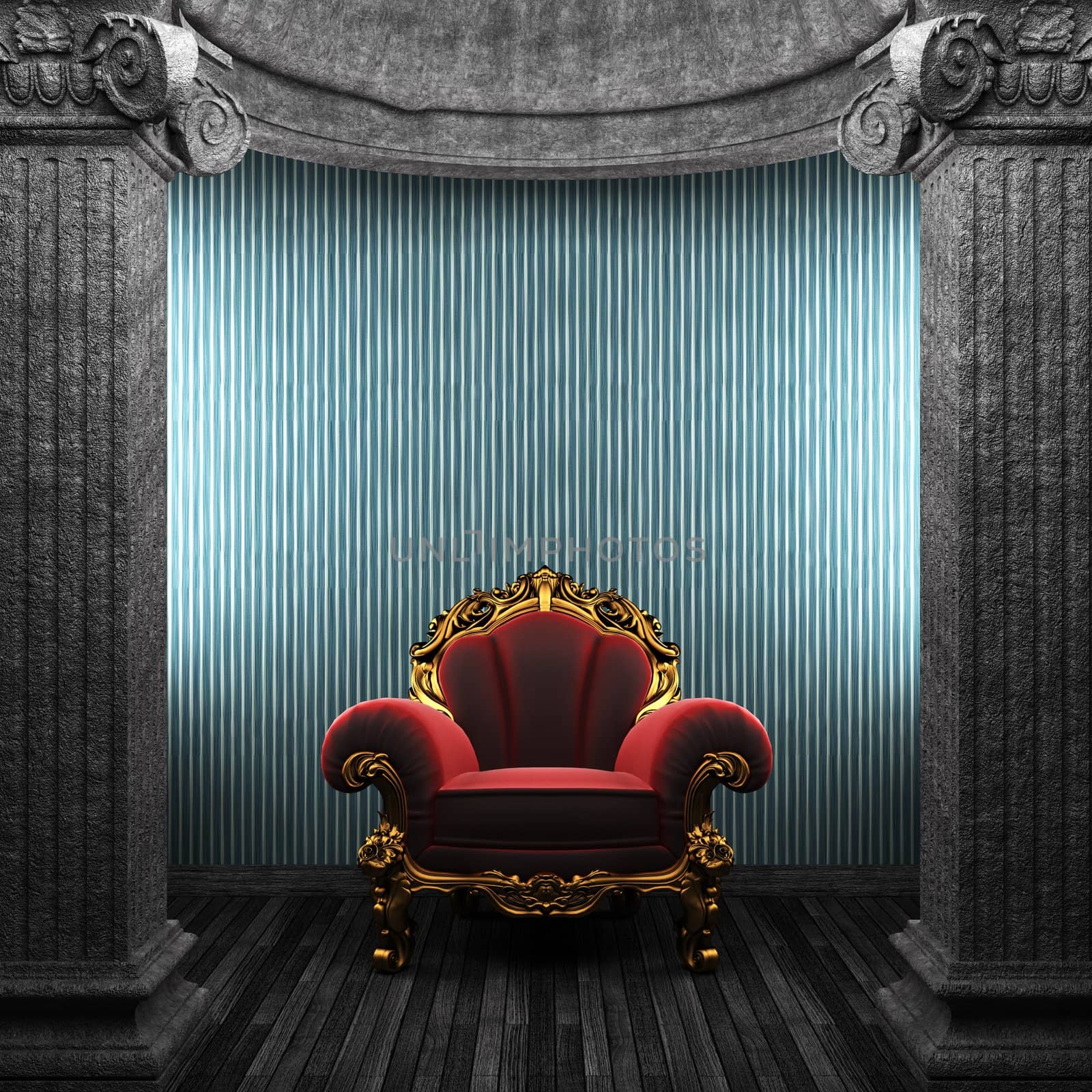 stone columns, chair and wallpaper made in 3D