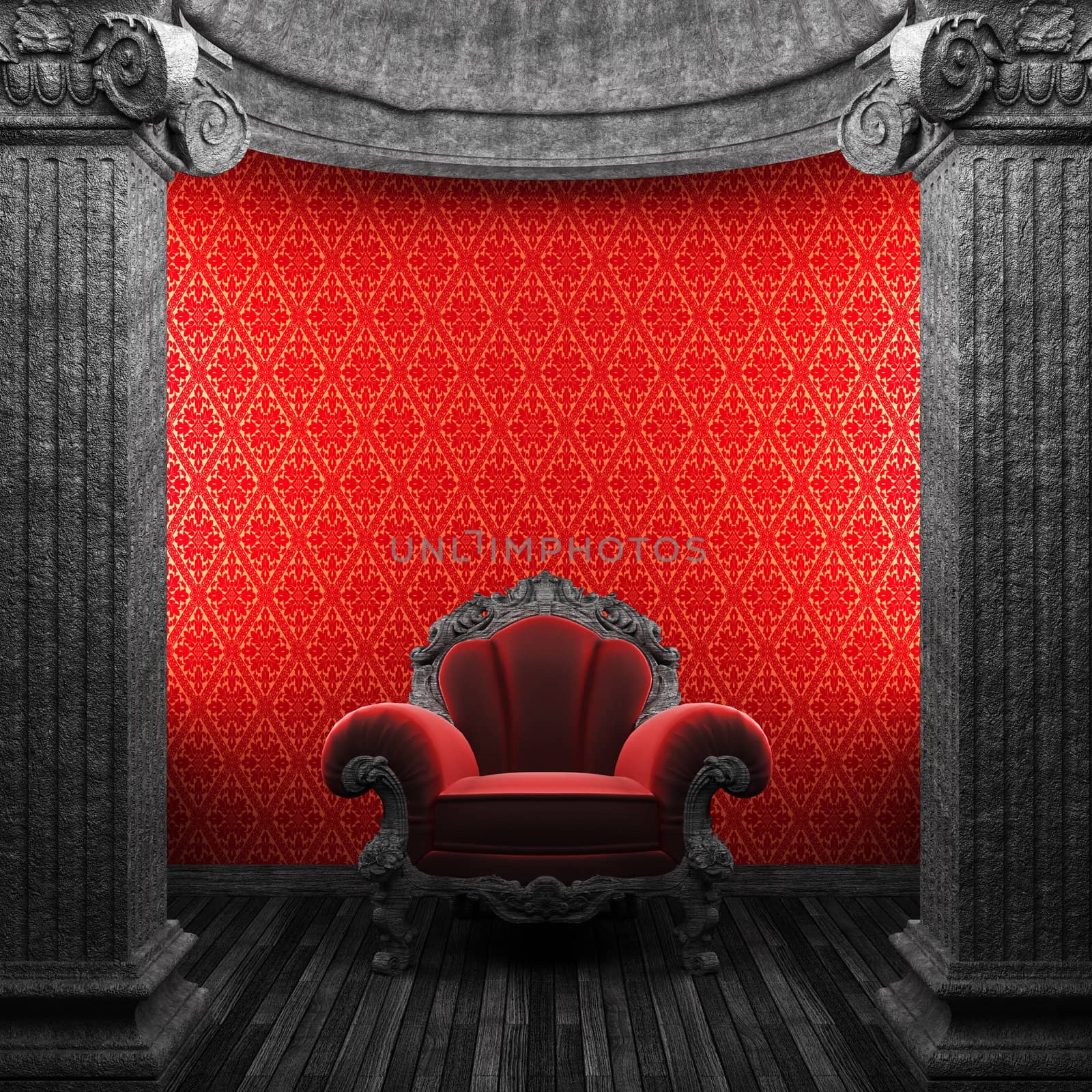 stone columns, chair and wallpaper made in 3D