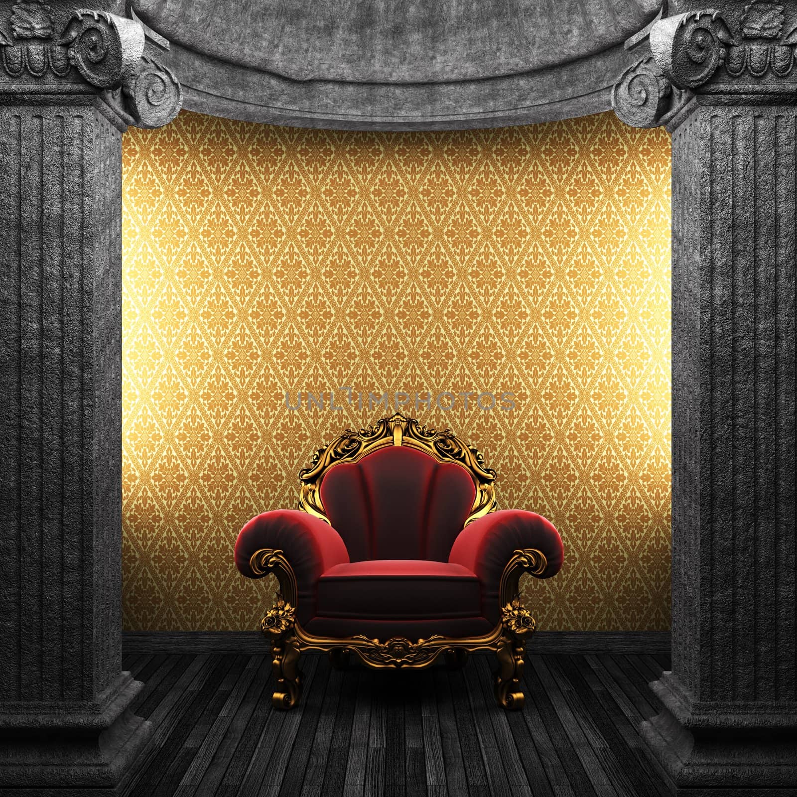 stone columns, chair and wallpaper made in 3D