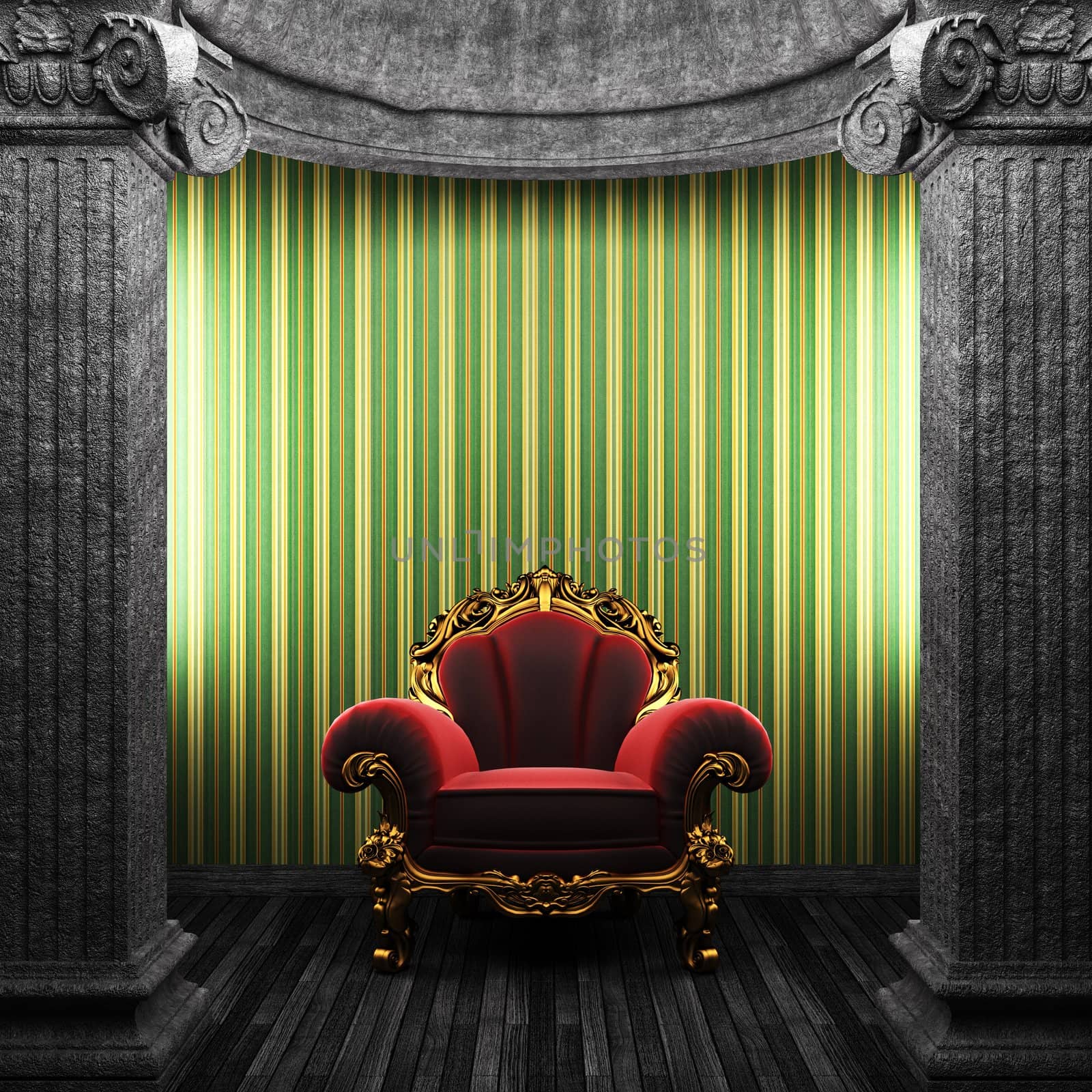 stone columns, chair and wallpaper made in 3D