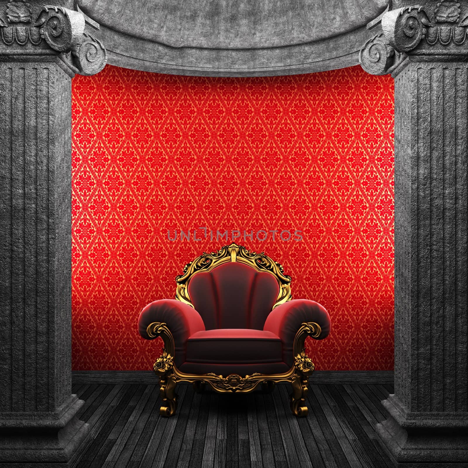 stone columns, chair and wallpaper made in 3D